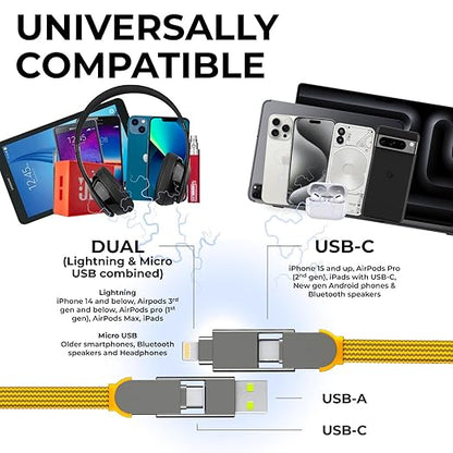 Rolling Square inCharge XL 30 cm - USB-C Cable, Universal Smartphone Cable, Gift for Men, 6-in-1 Universal Charger for Smartphones, Technical Gadget, Yellow, Lightning Cable 100W
