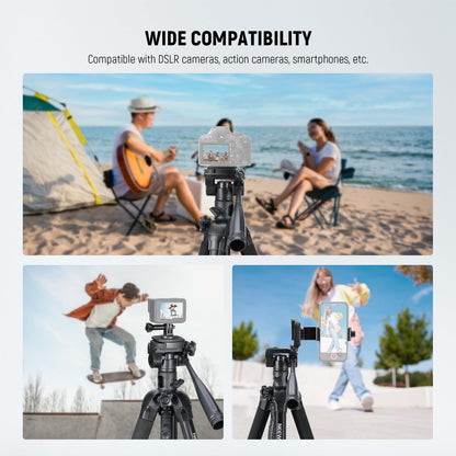 NEEWER Basic 74" Video Tripod Monopod, 3 Way Pan Tilt Head, Remote, Overhead Camera Mount, Horizontal Central Axis, Phone Holder Compatible with iPhone DSLR Telescope Projector, Max Load 17.6lb, TP05