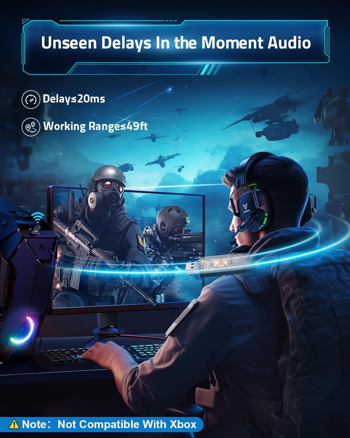 Vakedy Wireless Gaming Headset for PS5, PC, PS4, Mac, Switch, 2.4GHz Low Latency USB Dongle, Bluetooth 5.4 Headset with Noise Cancelling Mic, 50mm 3D Audio Driver, RGB Lights, 50H Battery
