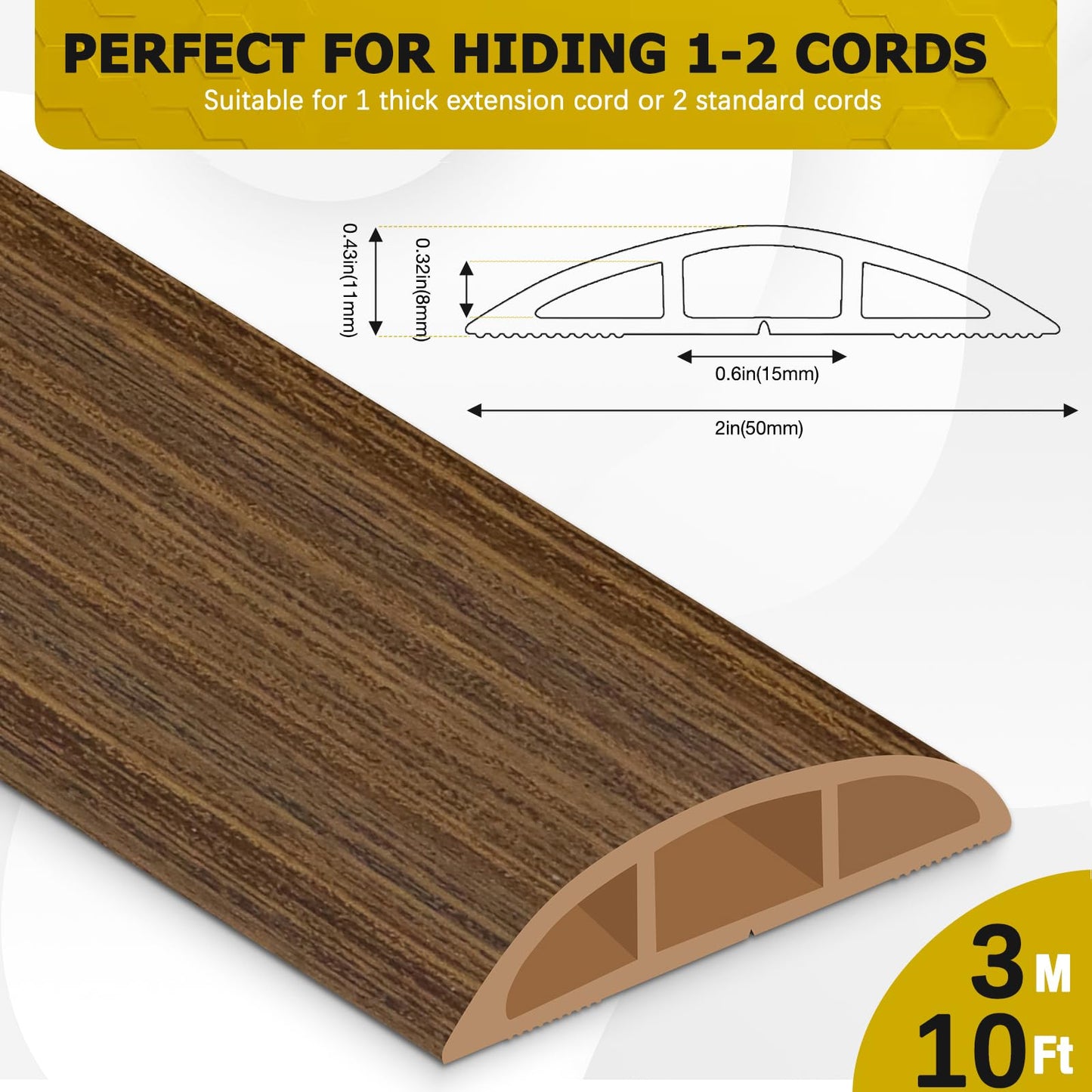 JAHOMFAI Floor Cord Cover 10FT Cord Covers for Wires on Floor Protect Wires & Prevent Trip Hazards, Easy to Cut for Home, Office, School, Concerts, Cavity W0.6in x H0.32in