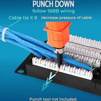 Rapink Patch Panel 48 Port Cat6 10G Support, Network Patch Panel UTP 19-Inch, Wallmount or Rackmount 1U Ethernet Patch Panel Punch Down Block for Cat6, Cat5e, Cat5 Cabling