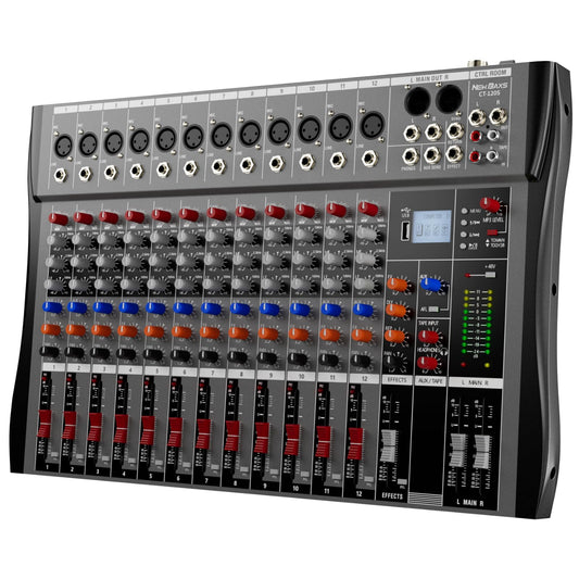 Professional DJ Audio Mixer, 12 Channel Audio Mixer, Bluetooth Sound Mixer, USB Interface, 12 XLR Mic/Line Input, AUX, FX Processor MP3, Headphone,+48V Phantom For Karaoke Studio Streaming Recording