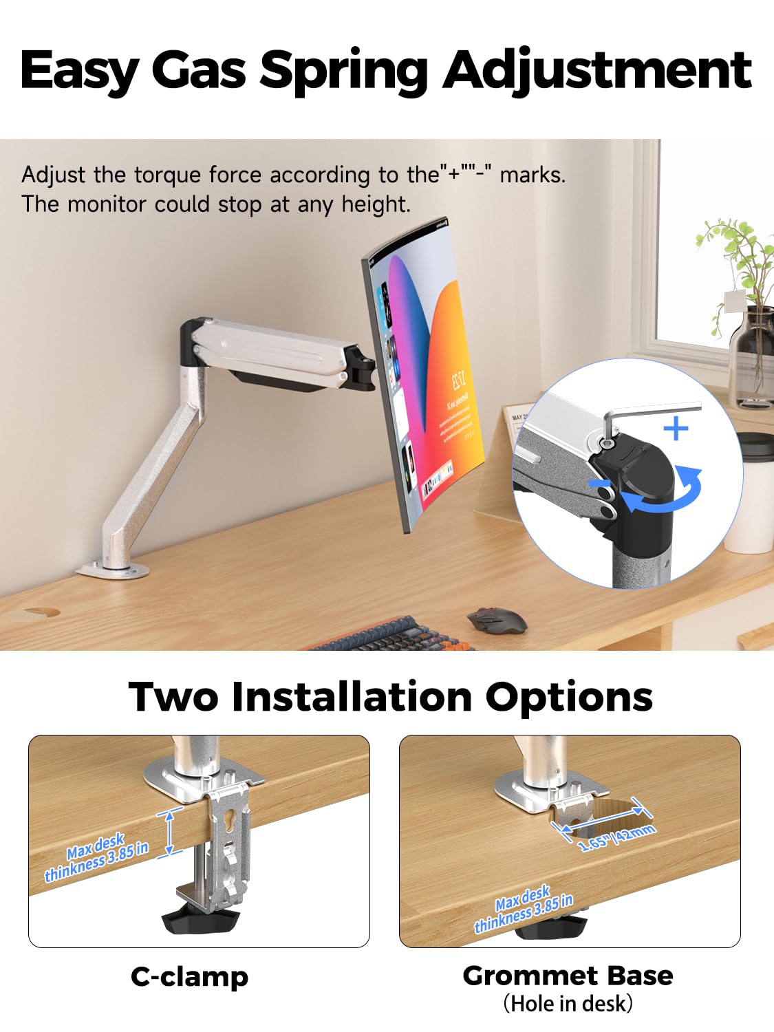 Suptek Single Monitor Mount,Adjustable Gas Spring Monitor Arm Desk Mount Stand Fits 17 20 22 23 24 26 27 32 33 35 36 inch,Holds up to 25 lbs, Silver(MD9S)
