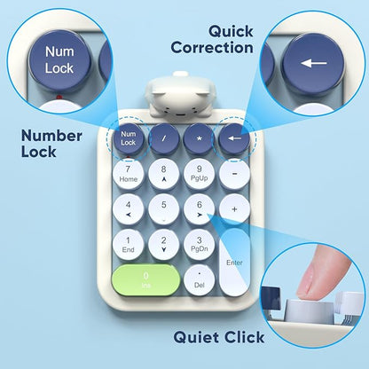 MOFII Wireless Number Pad with Bear - Mixed Blue Numeric Keypad 18 Keys 2.4G Round Keycap Colorful Extensions Cute Numpad, Portable Accounting Financial Retro Numpad 10 Key for Laptop/PC/Notebook