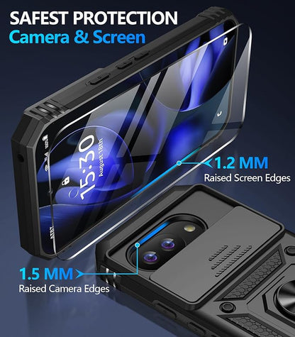 Taisairu for Google Pixel 9A Case with Screen Protector & Slide Camera Lens Cover, Built-in 360°Rotate Magnetic Ring Stand Shockproof Protective Phone Case for Google Pixel 9A Case (Black)