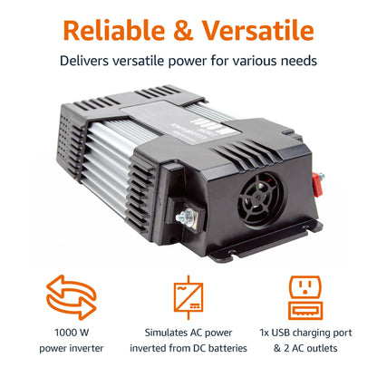 Amazon Basics 1000W Car Power Inverter, 12V to AC 110V, Portable, 2 AC Outlets, USB Port, 13.81 x 7.44 x 3.07 inches