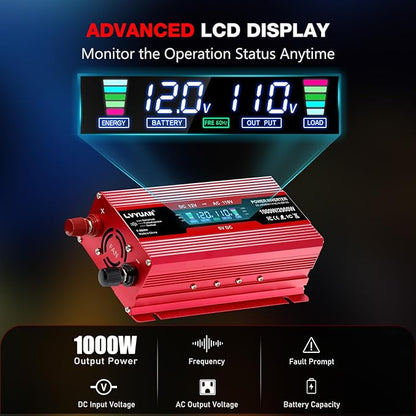 LVYUAN 1000W Car Power Inverter 12V to 110V / 120V DC to AC with 2 US Sockets, Cigarette Lighter, LCD Display, USB Ports for Car, Home, Outdoor, Camping