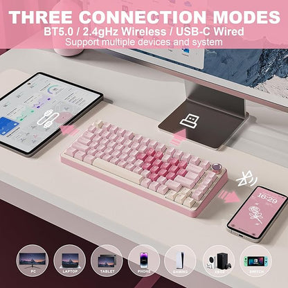 YUNZII B75 PRO Wireless Mechanical Keyboard,75% Layout with Knob,Hot Swap Gasket Custom Structure,Creamy Pre-lubed Switches,RGB Backlit,Bluetooth/Type-C/2.4G for Win/Mac(Cocoa Cream V2 Switch,Pink)