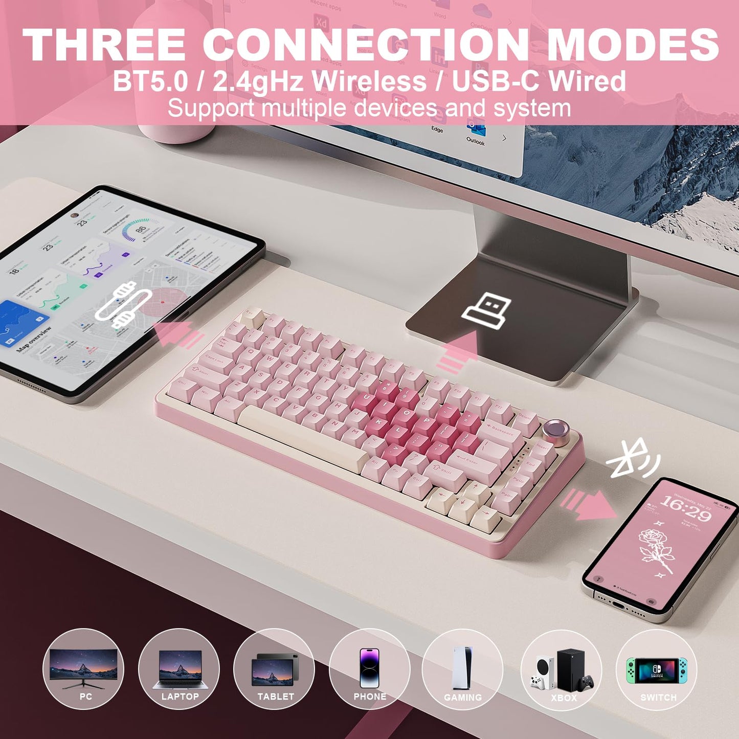 YUNZII B75 PRO 75% Wireless Mechanical Keyboard (Pink, Cocoa Cream V2)