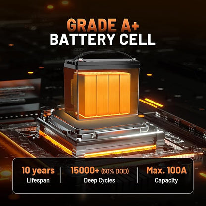 12V 100Ah LiFePO4 Lithium Battery Bluetooth - BCI Group 24 Deep Cycle Battery, Built-in 100A BMS & Low-Temp Protection, 15000+ Cycles, for RV/Marine/Trolling Motor/Off-Grid/Home Backup