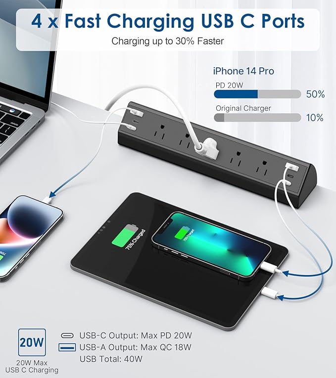 Desk Clamp Power Strip USB C,Under Desk Mount Power Station,20W Fast Charging,Fits 1.9'' Tabletop Edge,Desk Surge Protector,Perfect Home,Office Supplies (Black, 5 Outlets & 6 USB Ports & 25 FT Cable)