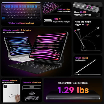 HOU Keyboard Case for iPad Air 11 inch 2025 (M3)/2024 (M2)&iPad Pro 11 Inch(4th/3rd/2nd/1st) Gen 2022,iPad Air 5th&4th Generation Case with Keyboard,Magic-Stand, Multi-Touch Trackpad,Backlight,Black