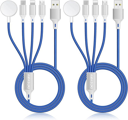 2Pack Travel Essentials Multi Charging Cable for Watch Charger 4 in 1 Fast Charger Camping Essentials USB C/L/Micro Compatible with Watch Series 10-1/SE/Ultra Phone 16 15/Galaxy Android-4FT/Blue