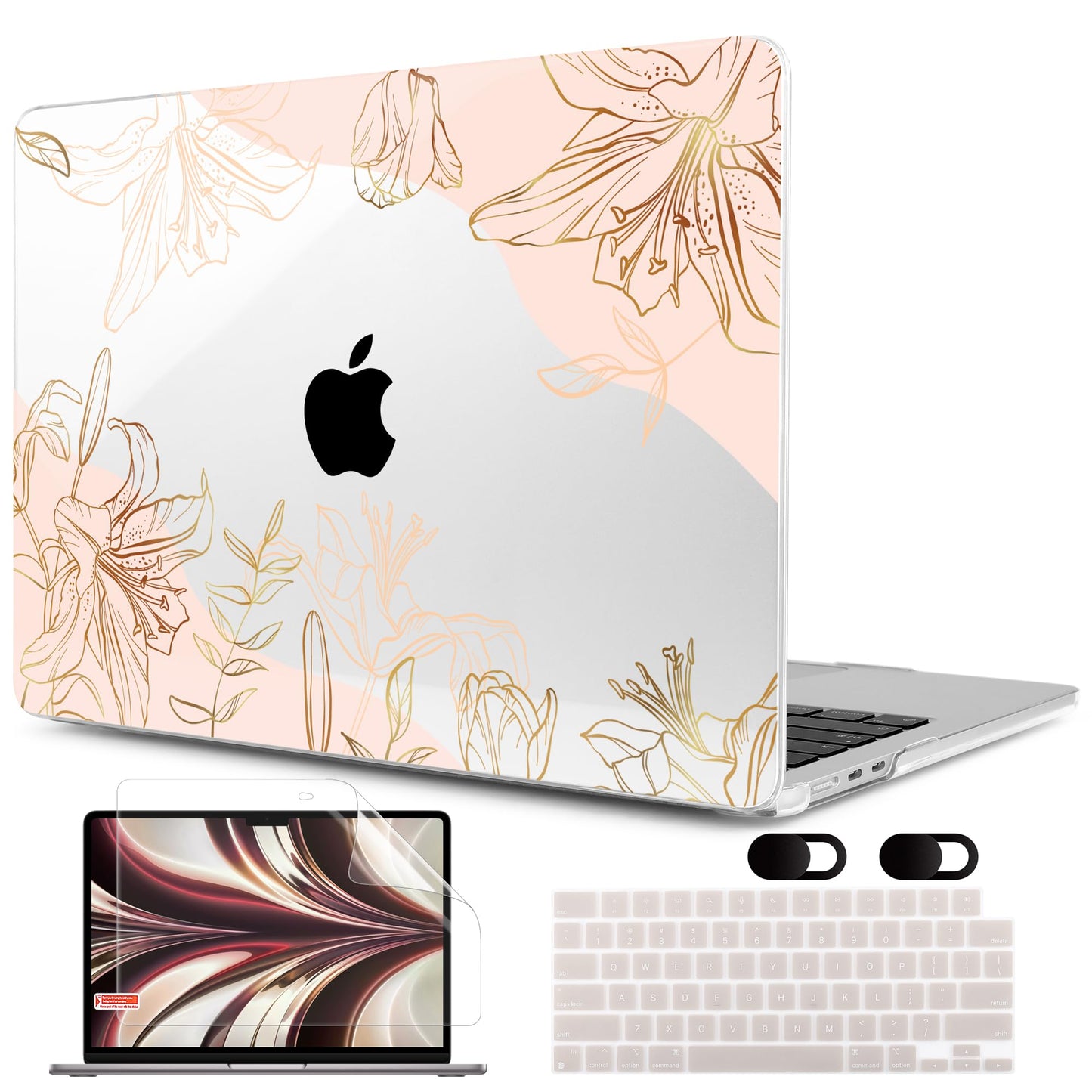 MEEgoodo Case for M5/M4/M3/M2 MacBook Air 13 inch 2026 2025 2024 2022, Fit Model A3449/A3240/A3113/A2681, Case Compatible with MacBook Air 13.6-inch, Gold Flowers Lilies