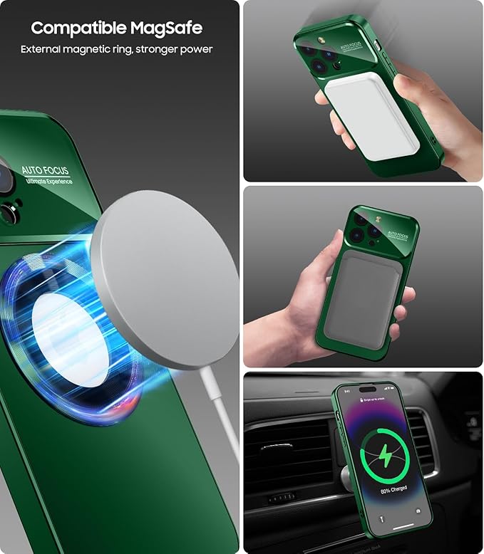 MAKAVO Magnetic for iPhone 12 Pro Max Case, Compatible with MagSafe, Built-in Camera Lens Protector, Logo View, Military Grade Drop Proof Phone Case Cover, Green