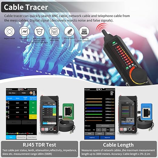 Multifunction RJ45 Network Caber Tester, UTP Cable Tester Ethernet Cable Tracer, 4" IPS Touch Screen Support Network Tools, Digital Multi-Meter, VFL,OPM, POE++ Detect,RJ45 TDR, Cable Length,NCV