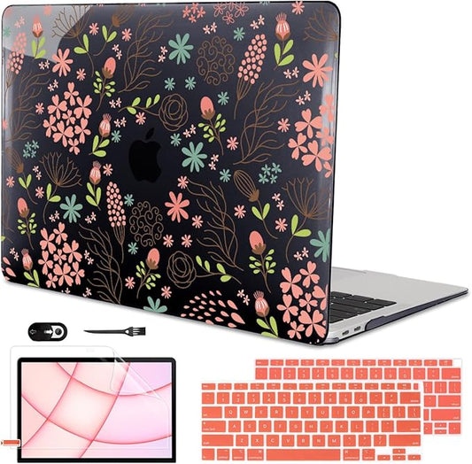 for MacBook Air 13 inch Case 2021 2020 2019 2018 Release M1 A2337 A2179 A1932, Pritned Pattern Plastic Hard Case Cover for MacBook Air 13.3" Retina Display Touch ID, Seamless Flower Black