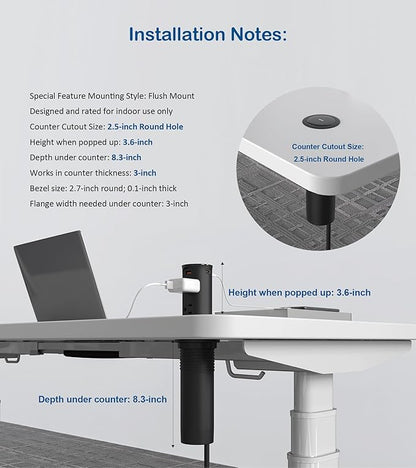Pop up Outlet for Countertop,65W USB C Fast Charging Port,2.5-inch Hole Desktop Power Grommet,Recessed Power Strip,4 Outlets 4 USB Ports,15Amp Tamper Resistant Receptacle，ETL Listed (Black)