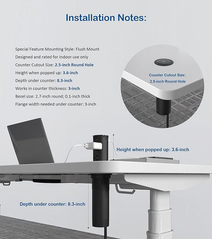 Pop up Outlet for Countertop,2.5 Inch Hole Desktop Power Grommet,Recessed Power Strip,20W USB C Fast Charging,4 Outlets 4 USB Ports,15Amp Tamper Resistant Receptacle for Home,Kitchen,Office Black