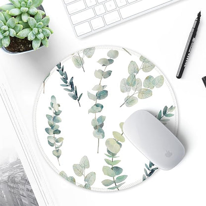 ITNRSIIET Round Mouse Pad with Stitched Edge Premium-Textured Waterproof Non-Slip Rubber Base Desktop Protection Mat Diameter 8.7 inches, Eucalyptus Branches