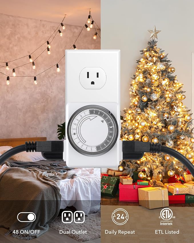 HBN Outlet Timer for Electrical Outlets Indoor, 24 Hour Mechanical Light Timers for Lamps, Dual 3-Prong Plug-in Outlets, 15-Minute Intervals, Heavy Duty Daily Cycle, 1 Pack