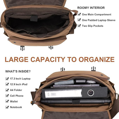 ESTARER Messenger Bag 17-17.3 Inch, Men's Computer Bag Water-resistant Canvas, Laptop Shoulder Bag for Travel Work College, Brown