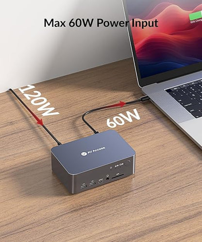 AV Access Docking Station Dual Monitor for Laptop & Desktop, USB-C Charge, Aluminum, KVM Switcher for 2 Computers with Ethernet, EDID, 4K@60Hz/2K@144Hz/1080P@240Hz, 3xUSB 3.0, Power Supply, Audio, SD