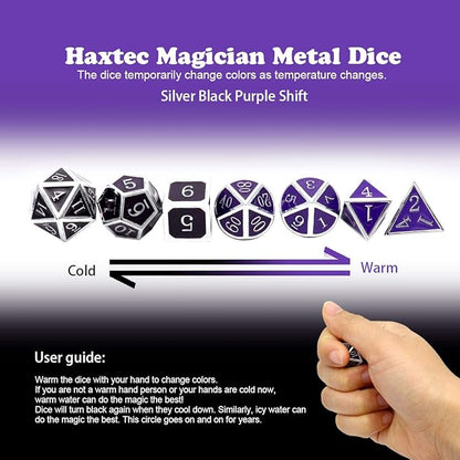 Haxtec Color Changing ByTemperature Metal DND Dice Set Polyhedral D&D Dice Compatible with Dungeons and Dragons RPG-Silver Black Purple Shift