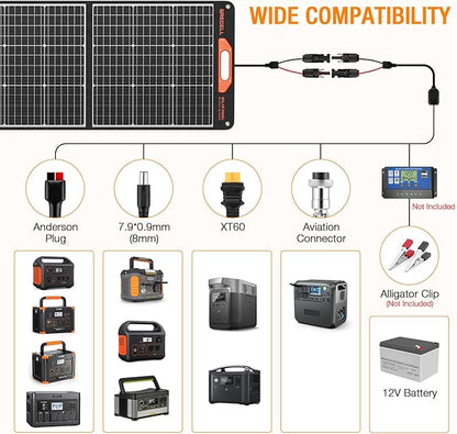 200W Portable Solar Panel for Power Station Generator, 12V/24V Flexible Foldable Solar Panel Kit Lightweight High-Efficiency Solar Charger Power Backup for Outdoor Van Camper Boat Caravan Off-Grid