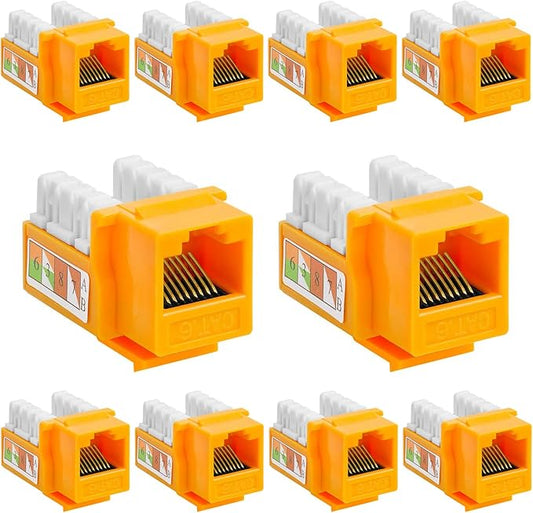 Cmple - Cat6 Keystone Jack 10-Pack 10Gbps RJ45 Keystone Jack 90° Degree Punch Down for RJ45 Connectors, Patch Panel and Wall Plate in Yellow