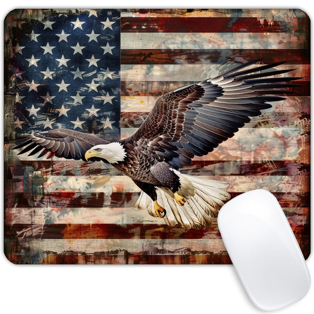 Square Mouse Pad Eagle with American Flag,Gaming Mouse Pads for Desk,Soft Computer Waterproof Non-Slip Mouse Mat