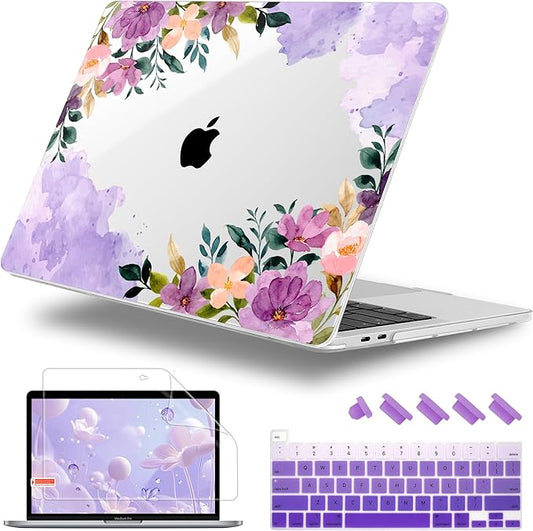 Lepeoac Case for MacBook Pro 13 inch Case M2 2022-2016 A2338 M1 A2251 A2289 A2159 A1989 A1708 A1706, Plastic Hard Shell + Keyboard Cover + Dust Plug - Purple Flower