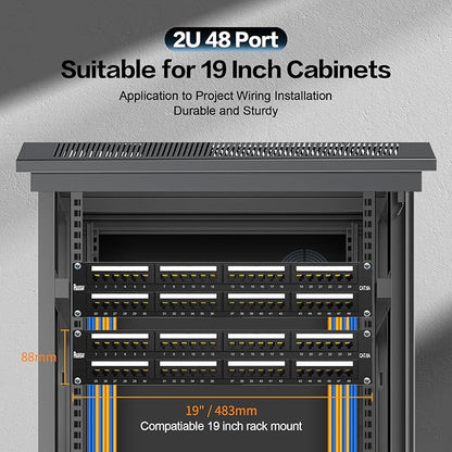 Patch Panel 48 Port Cat6A 【EC Listed】 2U Network Patch Panel Rackmount 19 inch RJ45 Patch Panel for 10 Gigabit Network, 110 or Krone Impact Tools Compatible Without Cable Management (Cat6A)
