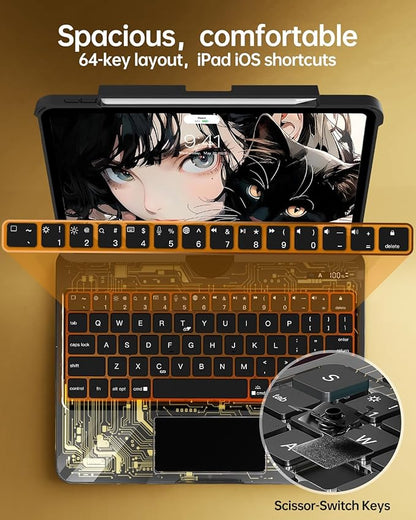 Intermerge iPad A16 11th (2025) & 10th Generation 10.9" Case with Keyboard, 360 Deg Transparent Multi-Touch Trackpad, 7-Color RGB Keyboard, Pencil Holder, Type-C, Shadow Pulse