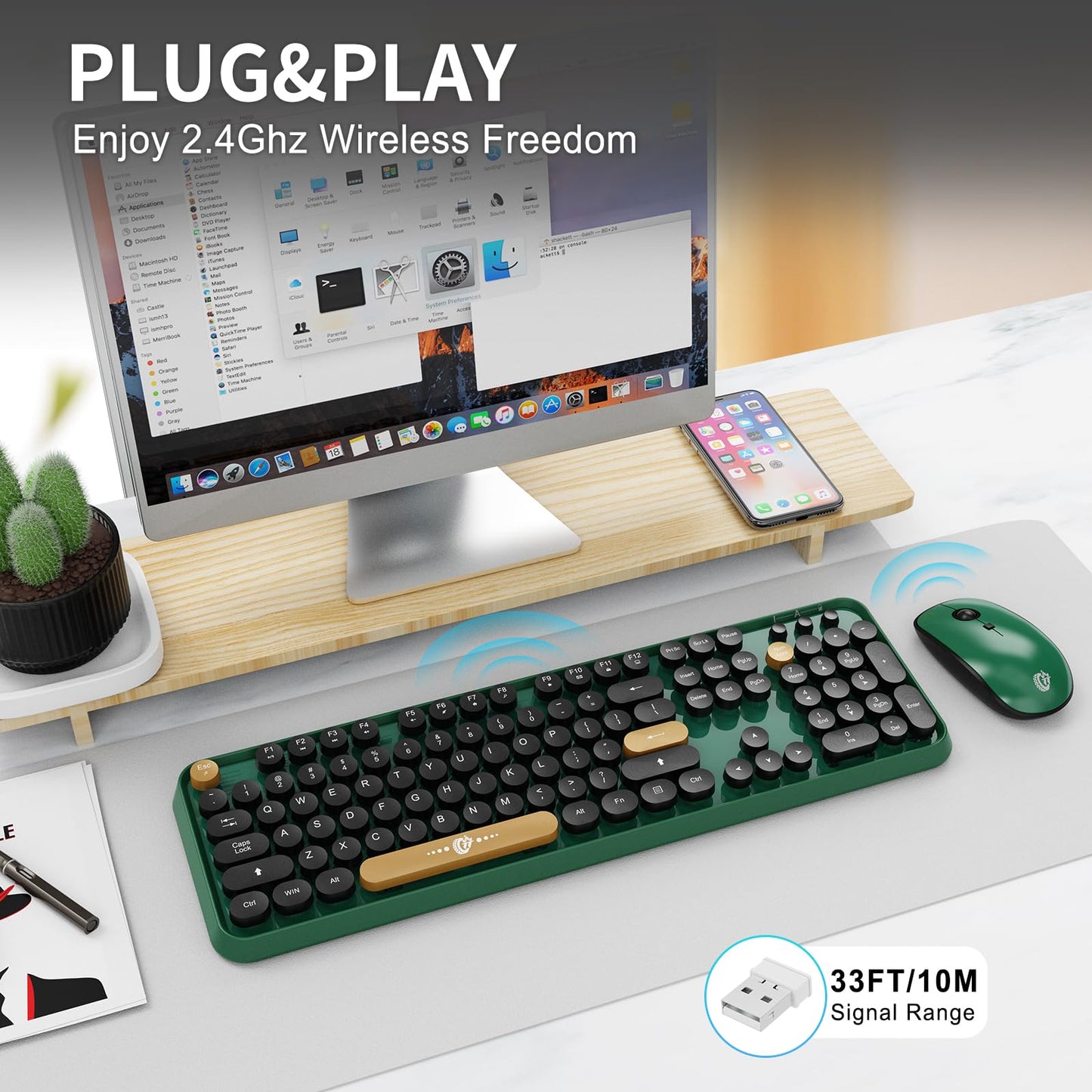 Green Wireless Keyboard and Mouse Combo,Typewriter Keyboard with Round Keys,2.4G Wireless Full Size Colorful Keyboard with Number Pad for Computer Laptop and Desktop