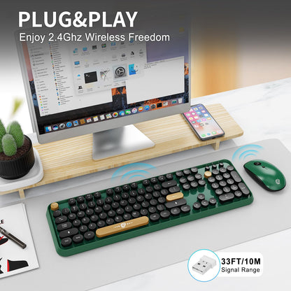 Green Wireless Keyboard and Mouse Combo,Typewriter Keyboard with Round Keys,2.4G Wireless Full Size Colorful Keyboard with Number Pad for Computer Laptop and Desktop