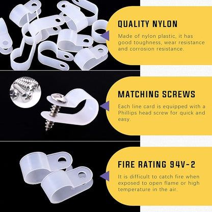 Swpeet 120 Pack White 1/2 Inch Nylon Plastic R-Type Cable Clips Clamp Kit, Nylon Screw Mounting Cord Fastener Clips with 120 Pack Screws for Wire Management (1/2 Inch, White)
