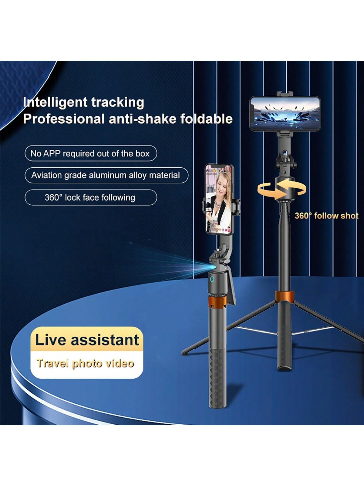Auto Face Tracking Phone Holder, 360° Rotation Phone Tripod with Wireless Remote and Phone Holder, Selfie Stick Tripod for iPhone、Android Phone, Applied to YouTube, Vlog/TIK Tok