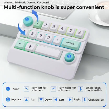 Adventurers W909 Wireless RGB Mechanical Numeric Keypad, Hot-Swappable, Macro-Programmable Numpad, Joystick & Knob Control for PC/Tablet/Laptop/Phone, Tri-Mode Connectivity (White)