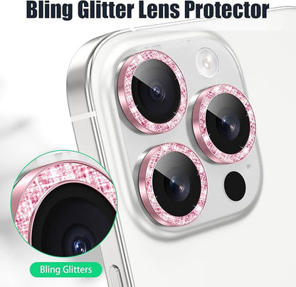 AGVEE 3+3 6 Pack for iPhone 16 Pro 6.3" / 16 Pro Max 6.9" Camera Lens Cover Protector, Bling Diamond & Bling Glitter Metal Ring 9H Tempered HD Glass Camera Cover Protector Film, Bling-Pink