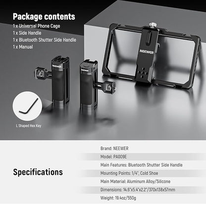 NEEWER Universal Phone Cage Video Rig with Bluetooth Shutter Side Handle Comfort Grips, Smartphone Stabilizer for Video Recording Compatible with iPhone 16 15 Pro Max 15 Pro Galaxy S24 Ultra, PA009E