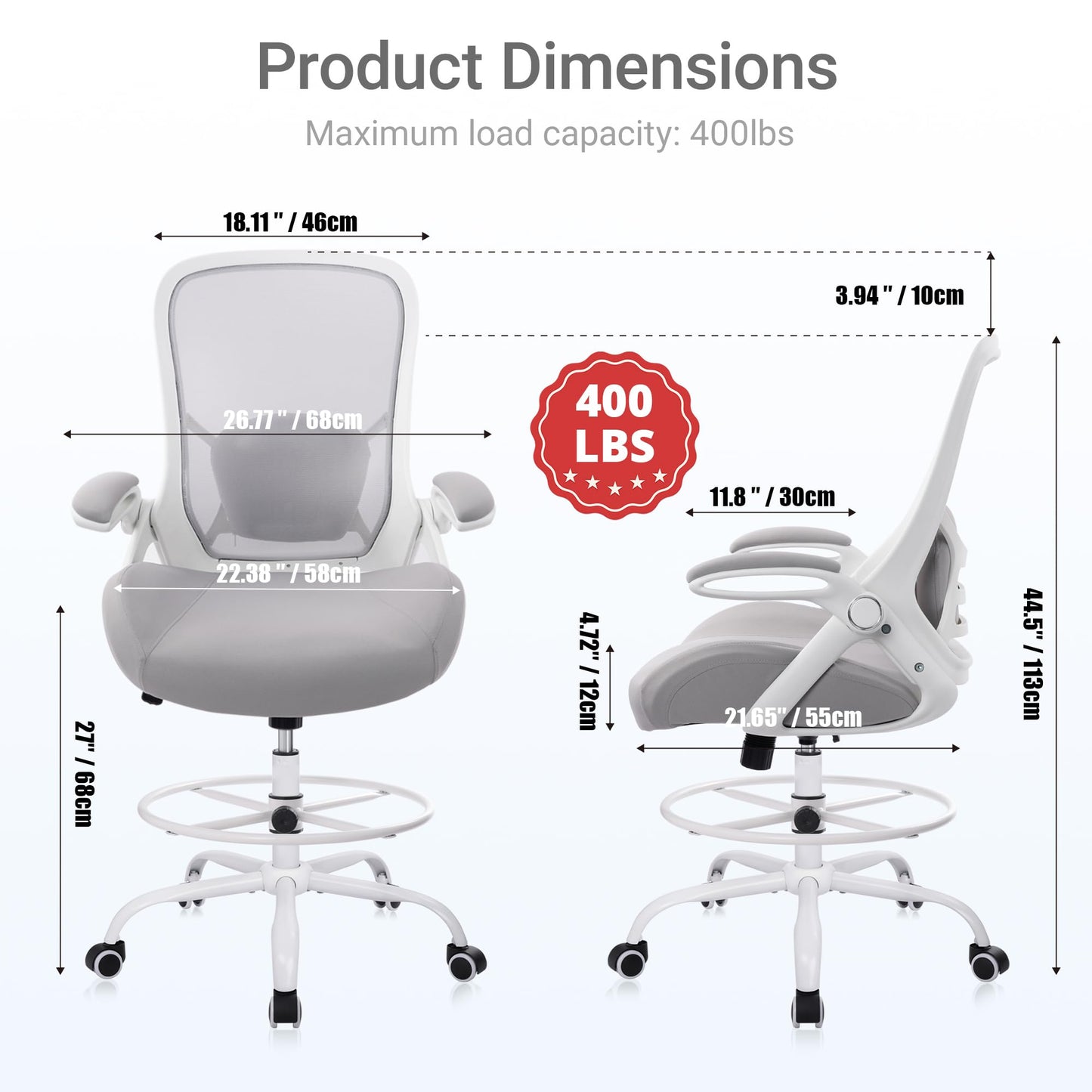 HYLONE 400lbs Heavy Duty Drafting Chair 5" Thickened Seat Office Chair with Flip-Up Armrests Tall Ergonomic Computer Chair with Lumbar Support and Adjustable Footrest Ring Standing Desk Chair (Grey)