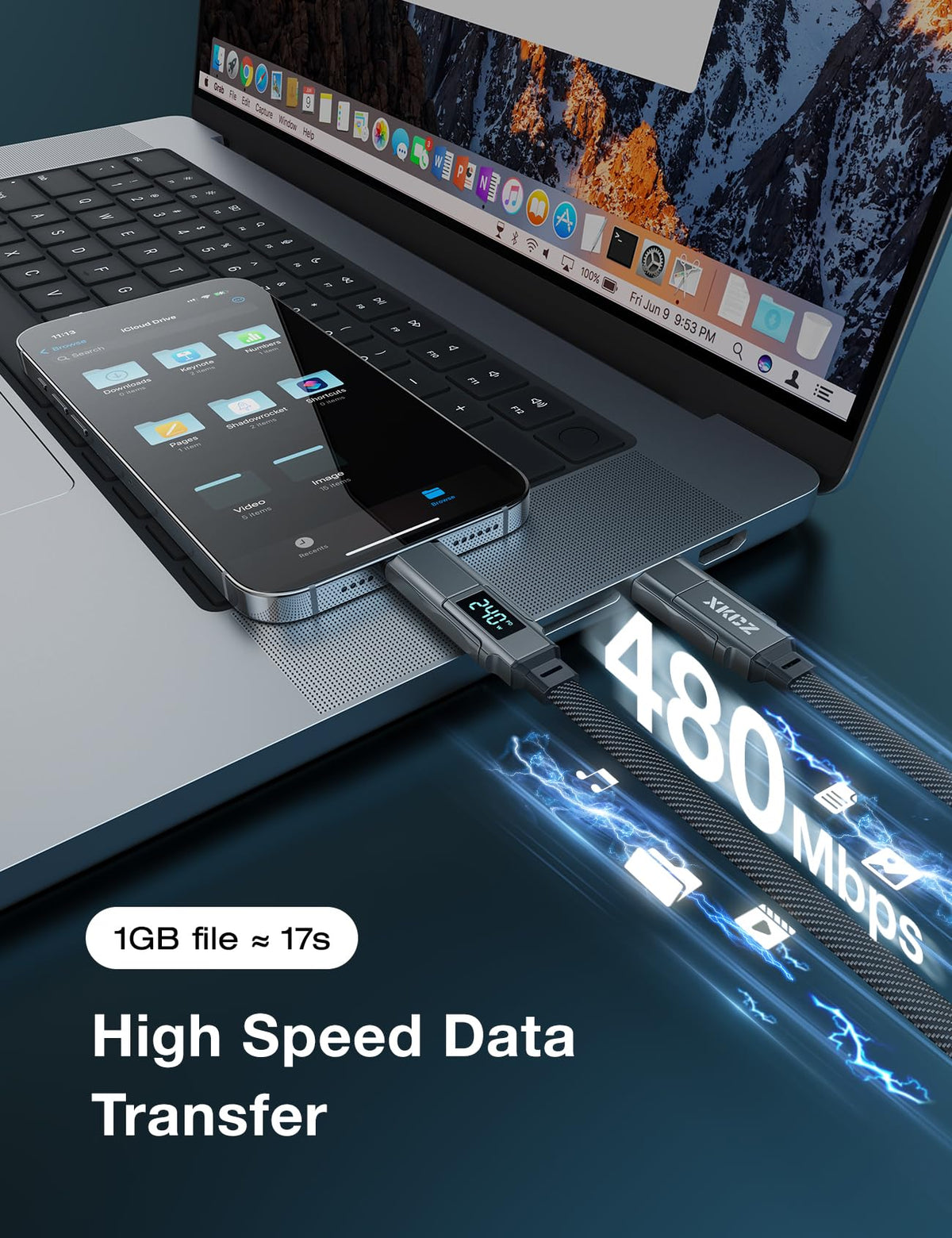 XKCZ 4 in 1 USB C Cable with Wattage Display, 240W Flat Nylon Braided Multi Charge Cable with Data Sync, USB C Charging Cord Combo Type C/USB A/L Port for iPhone/iPad/Samsung/Laptop, 5FT