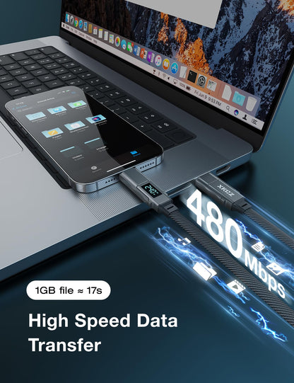 XKCZ 4 in 1 USB C Cable with Wattage Display, 240W Flat Nylon Braided Multi Charge Cable with Data Sync, USB C Charging Cord Combo Type C/USB A/L Port for iPhone/iPad/Samsung/Laptop, 5FT