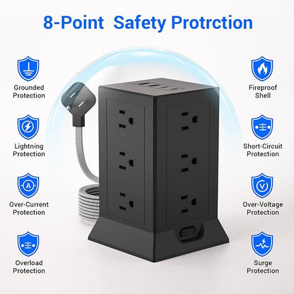 Power Strip Tower with Multiple Outlets, 10 Ft Extension Cord Flat Plug with 12 AC Outlets 4 USB Ports (2 USB C), Power Tower Surge Protector with Individual Switches for Home Office Dorm Room, Black
