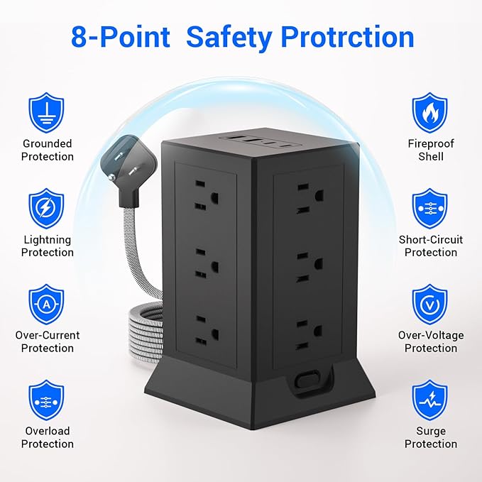 Power Strip Tower with Multiple Outlets, 6.5 Ft Extension Cord Flat Plug with 12 AC Outlets 4 USB Ports (2 USB C), Power Tower Surge Protector with Individual Switches for Home Office Dorm Room, Black