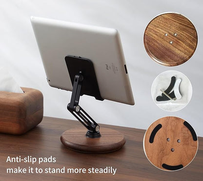 RENMTURE Phone Desk Stand, Adjustable Foldable Cell Phone Stand with 360° Rotation for iPhone 16 15 14 13 Pro ipad, Mobile Phones & Tablets Stable, Ergonomic Holder for Home Office, Walnut Wood Base