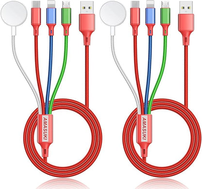 2Pack Travel Essentials Multi Charging Cable for Watch Charger 4 in 1 Fast Charger Camping Essentials USB C/L/Micro Compatible with Watch Series 10-1/SE/Ultra Phone 16 15/Galaxy Android-4FT/Red