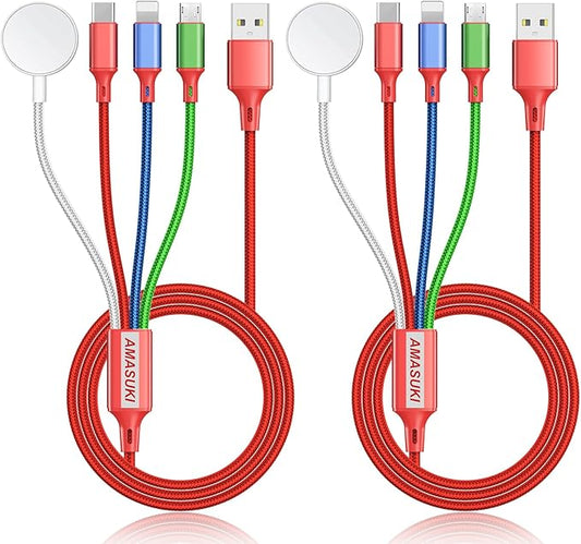 2Pack Travel Essentials Multi Charging Cable for Watch Charger 4 in 1 Fast Charger Camping Essentials USB C/L/Micro Compatible with Watch Series 10-1/SE/Ultra Phone 16 15/Galaxy Android-4FT/Red