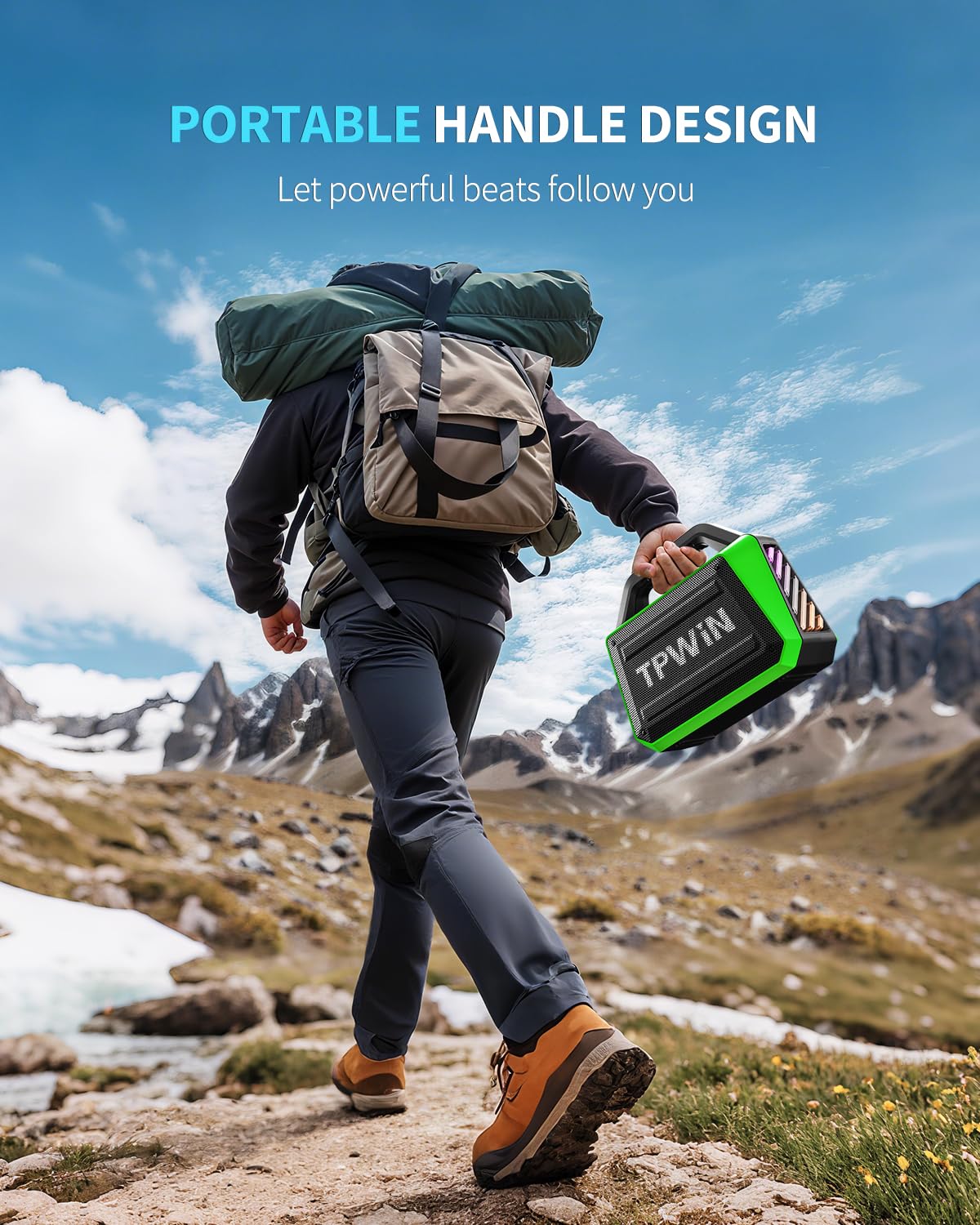 TPWIN Bluetooth Speaker - 80W Loud Rugged Outdoor Speakers, IPX6 Waterproof, 20H Playtime, Deep Bass, Lightshow, TWS, BT 5.3 Wireless, Portable for Travel Hiking Camping Beach Pool - Green